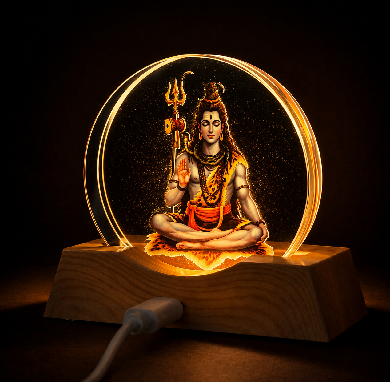 Led Lord Shiva Acrylic Lamp With Wooden Base | Spiritual Decor