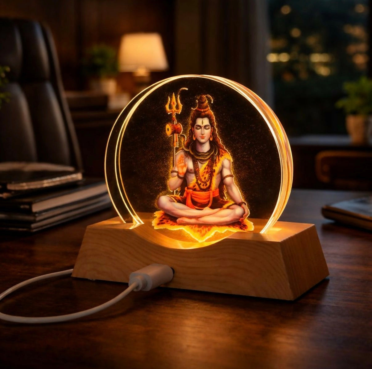 Led Lord Shiva Acrylic Lamp With Wooden Base | Spiritual Decor